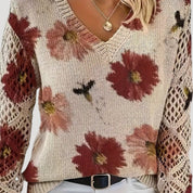 Women v neck floral knit spring jumper