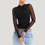 Sheer mesh long sleeve wrap top