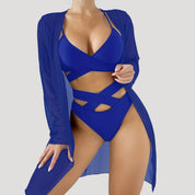 Elegant three-piece bikini set with sheer cover-up