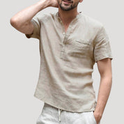 Men’s grandad collar short sleeve linen shirt