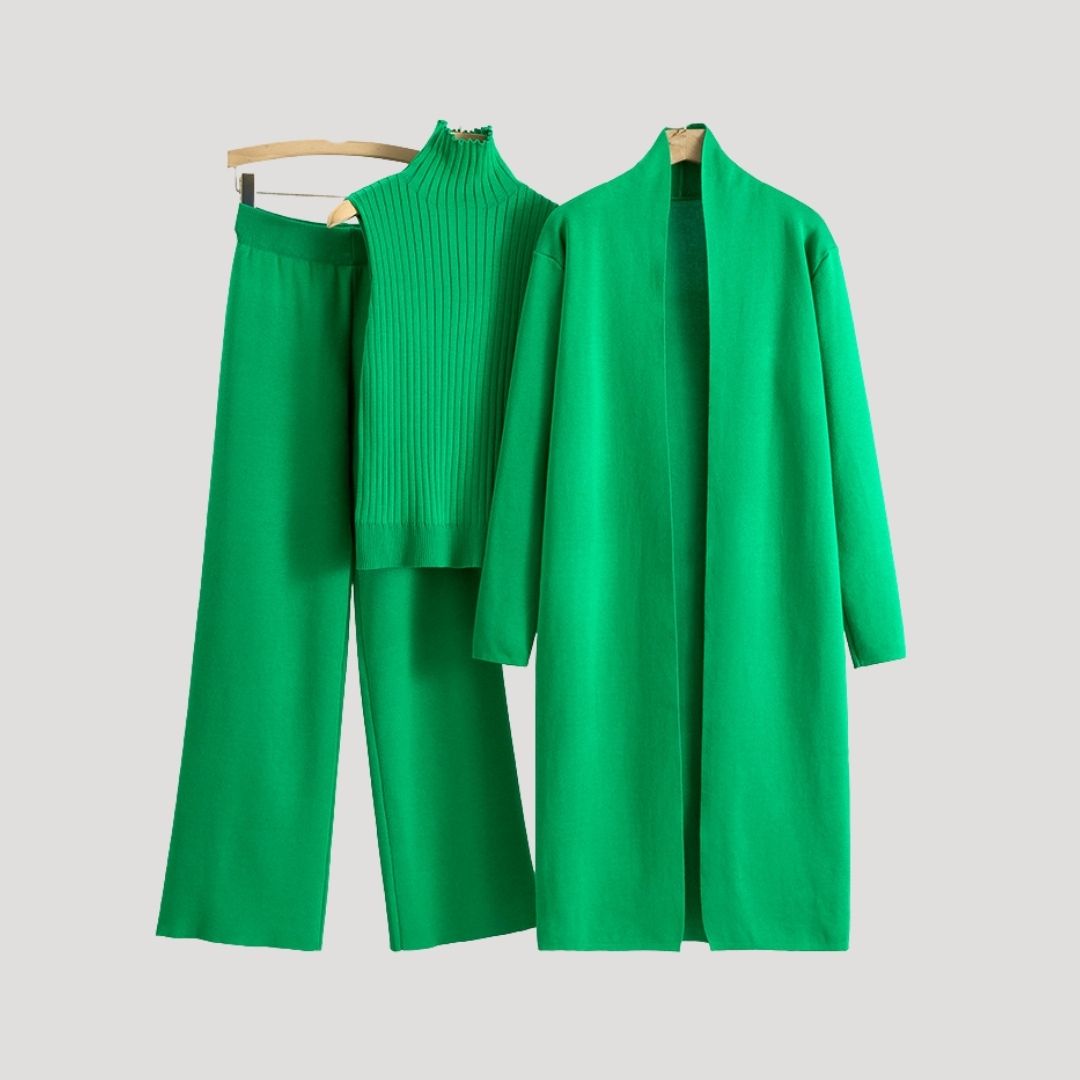 Women’s knitted co ord longline cardigan turtleneck jumper trousers