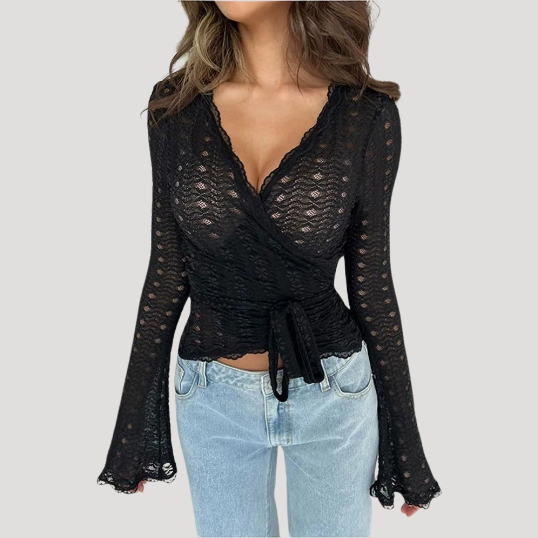 Lace wrap top with bell sleeves