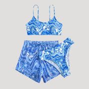 Swirl print three-piece swim set with shorts