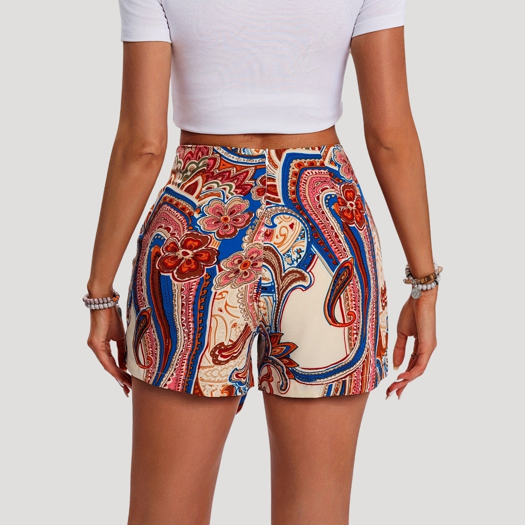 Boho printed wrap-style shorts with tie