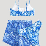 Swirl print three-piece swim set with shorts