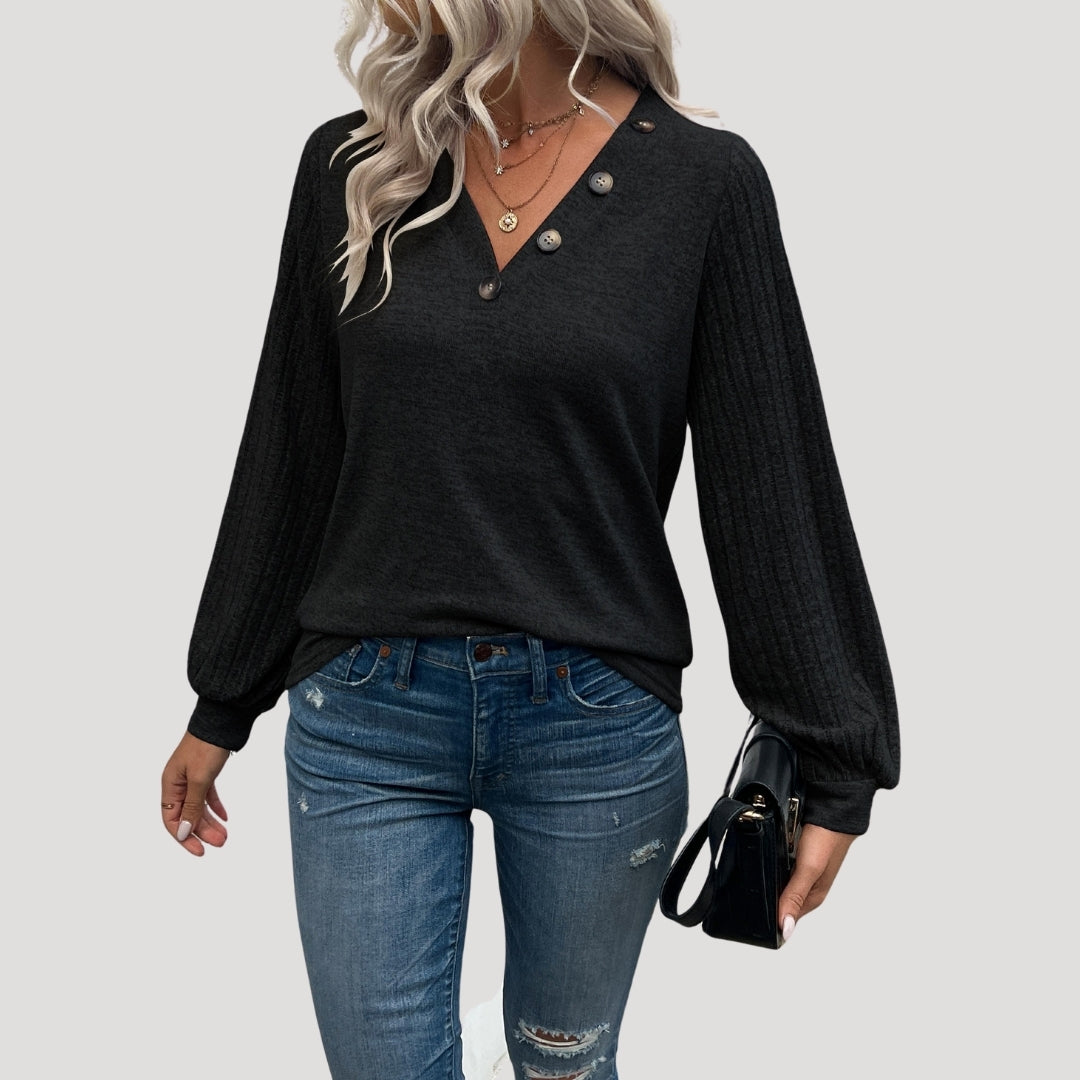 Button detail v-neck ribbed sleeve top