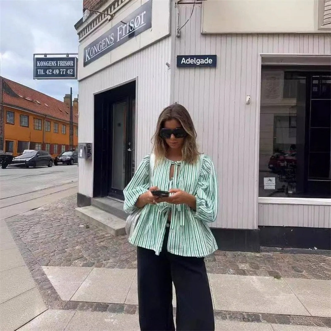 Striped tie-front peplum blouse