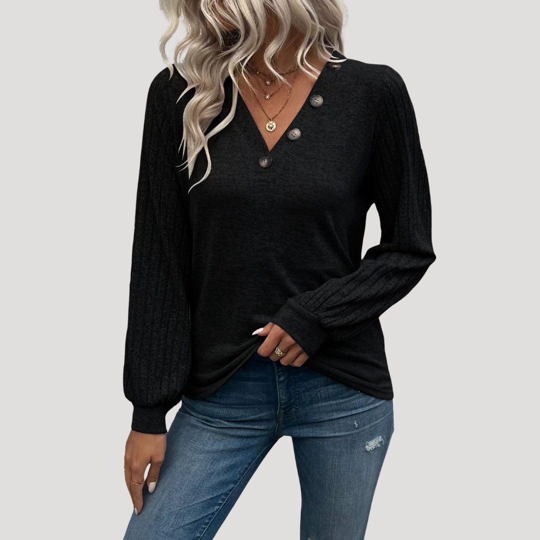 Button detail v-neck ribbed sleeve top