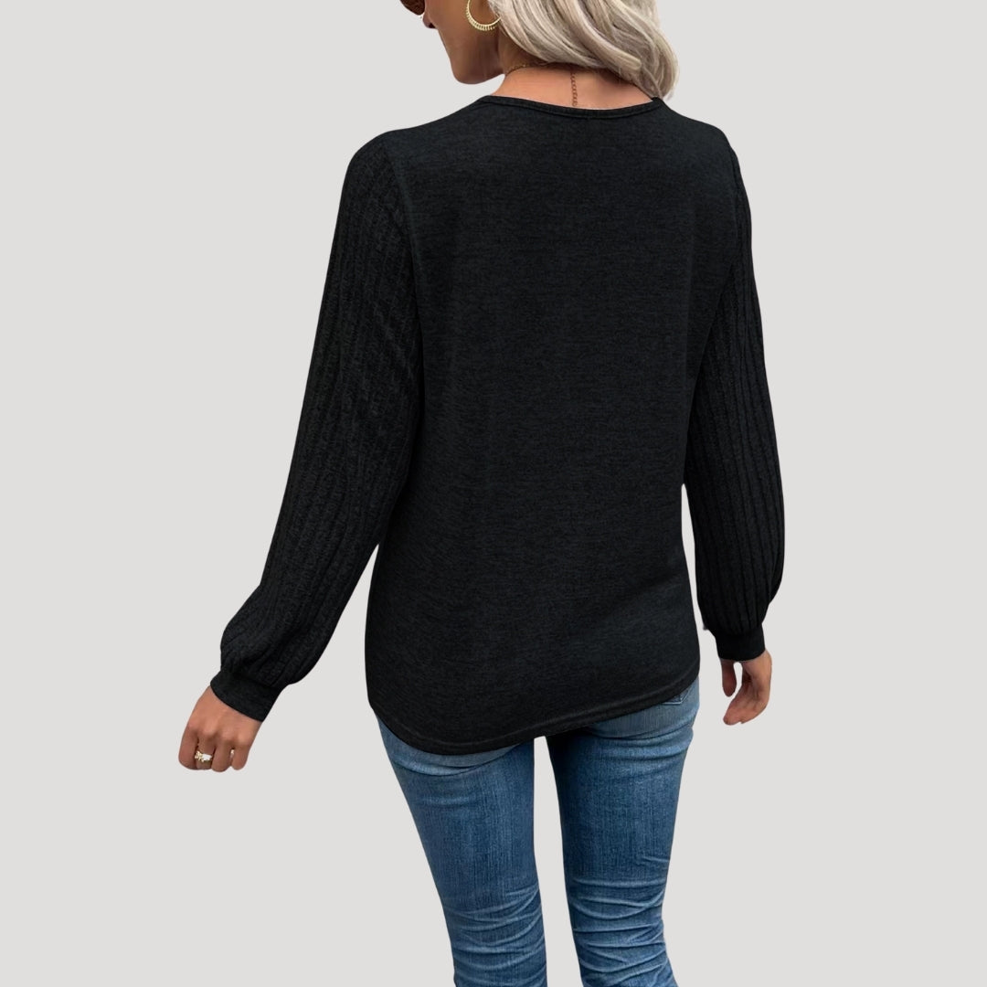 Button detail v-neck ribbed sleeve top