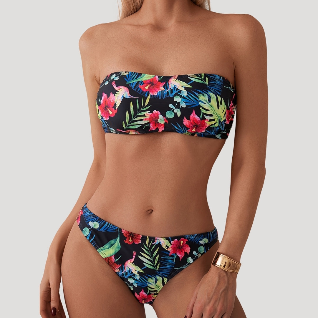 Tropical print bandeau bikini set