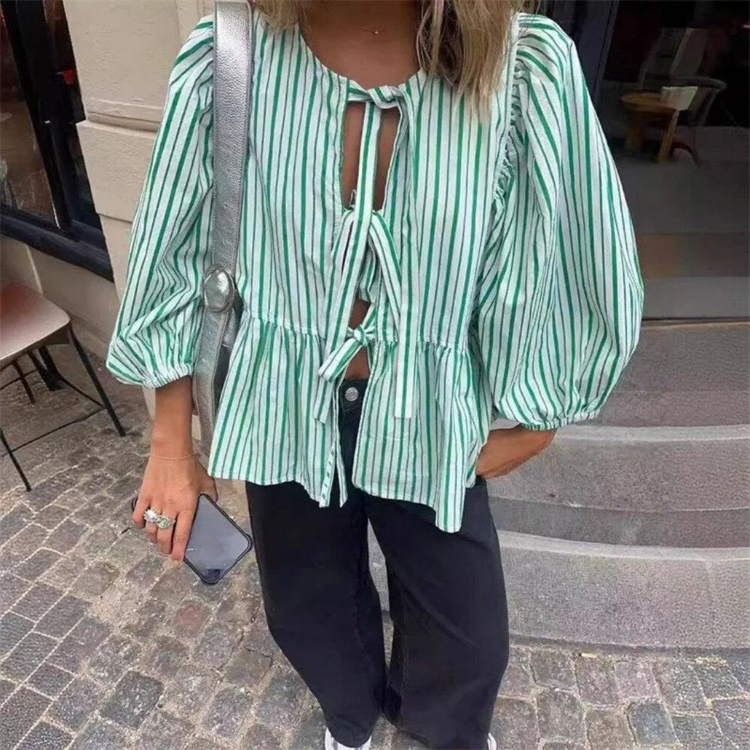 Striped tie-front peplum blouse