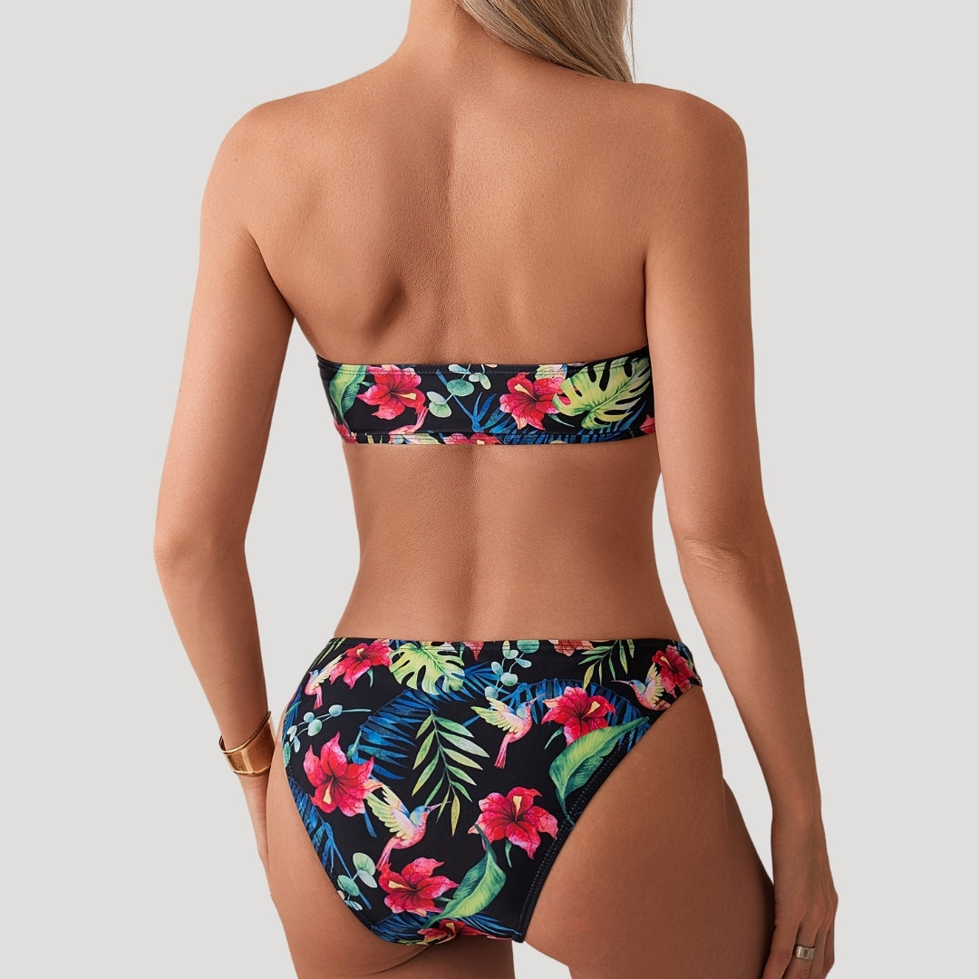 Tropical print bandeau bikini set