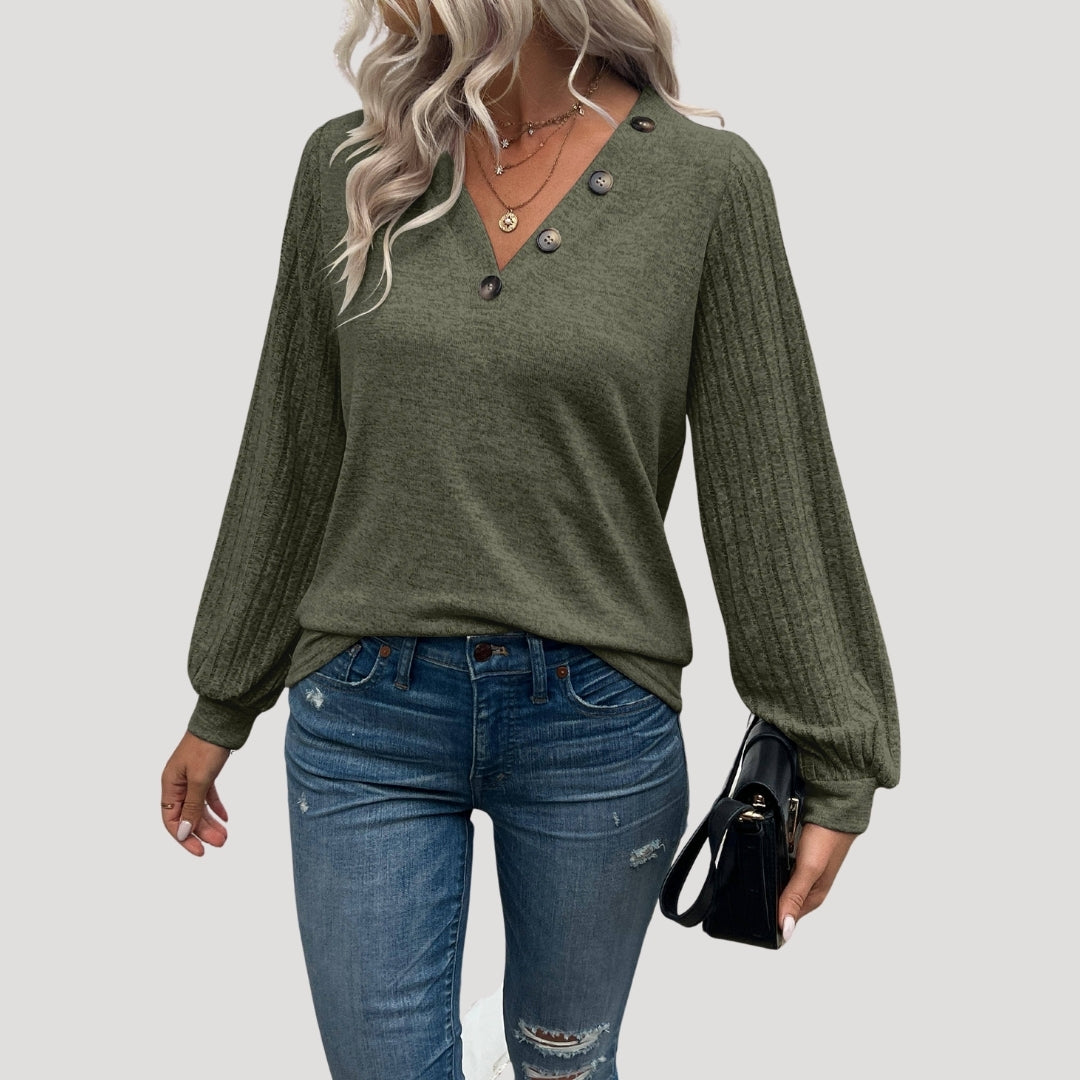 Button detail v-neck ribbed sleeve top