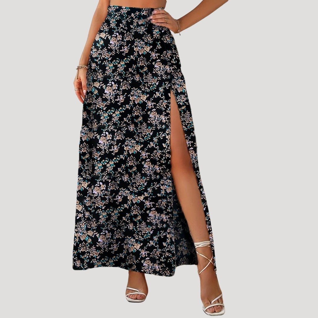 Floral high-waist maxi skirt with slit