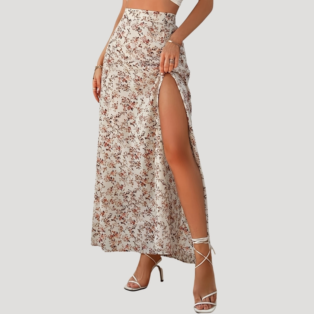 Floral high-waist maxi skirt with slit