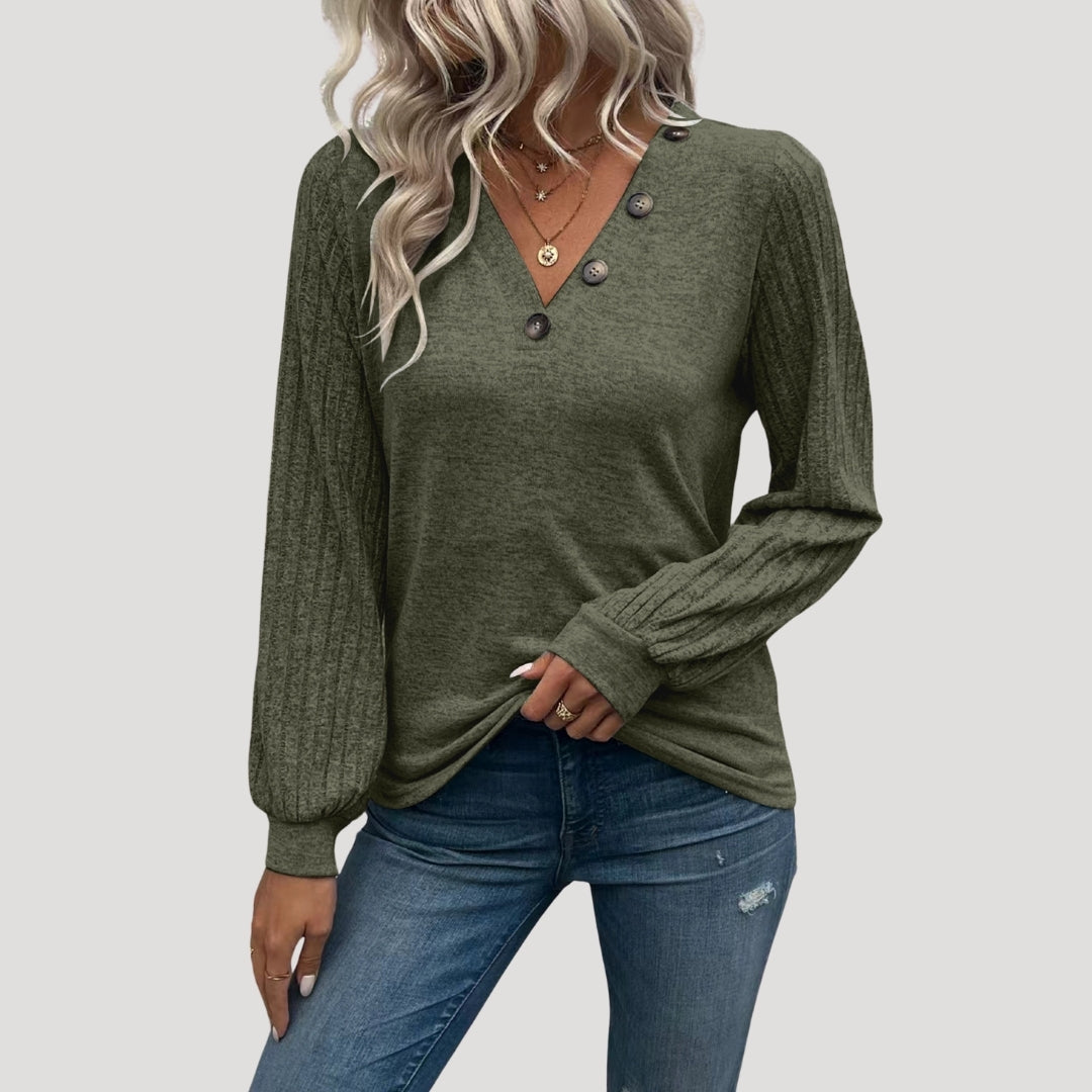 Button detail v-neck ribbed sleeve top