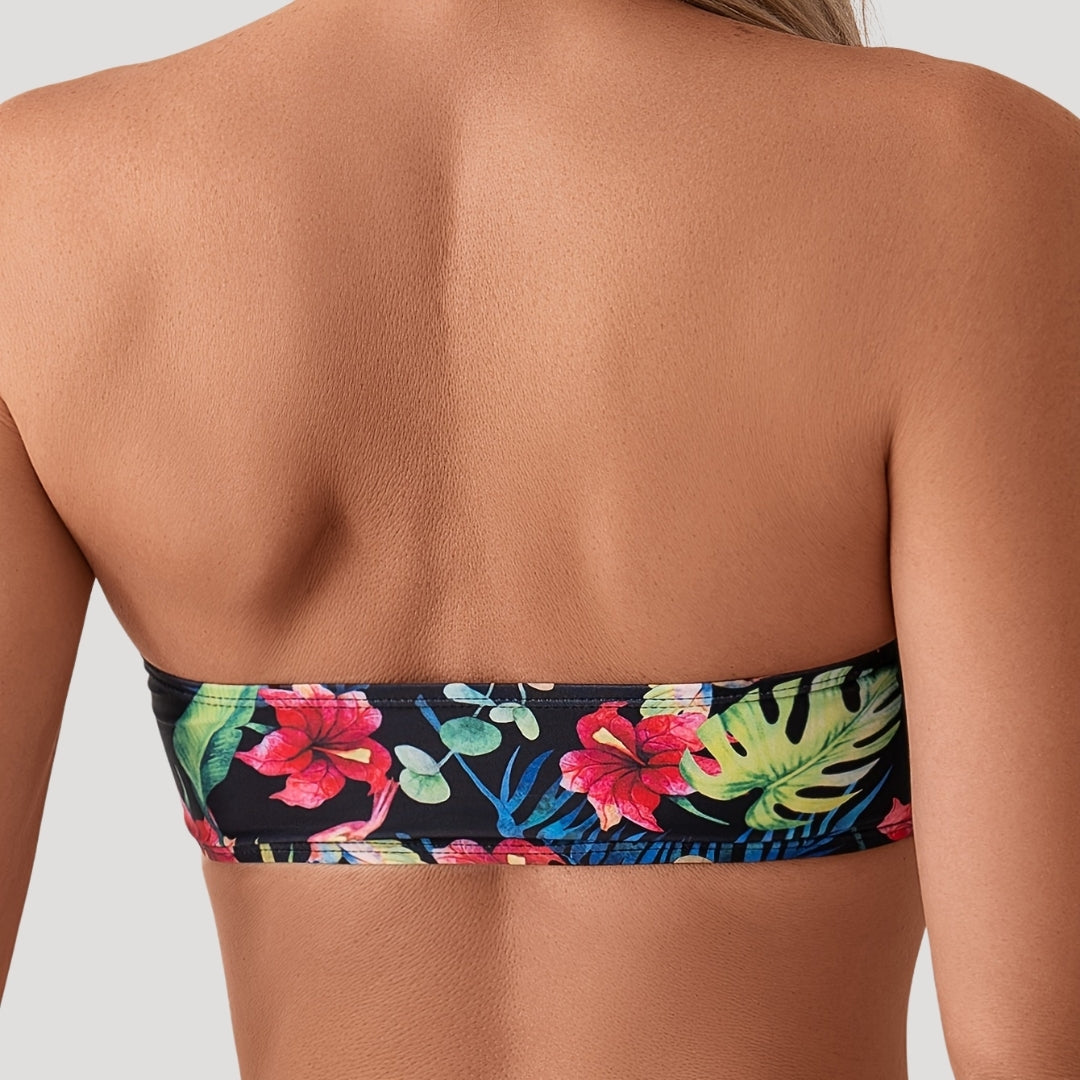 Tropical print bandeau bikini set