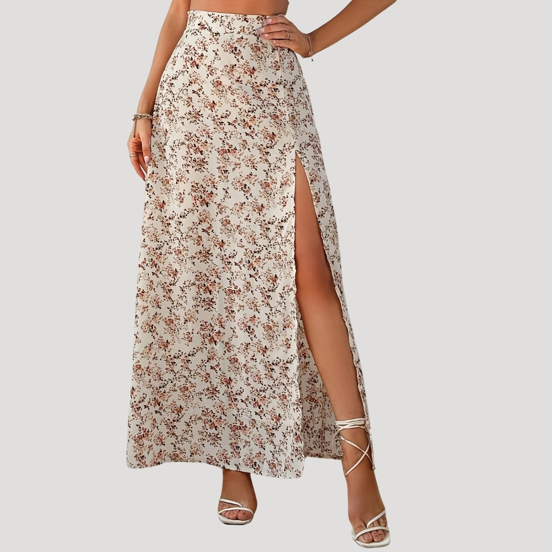 Floral high-waist maxi skirt with slit