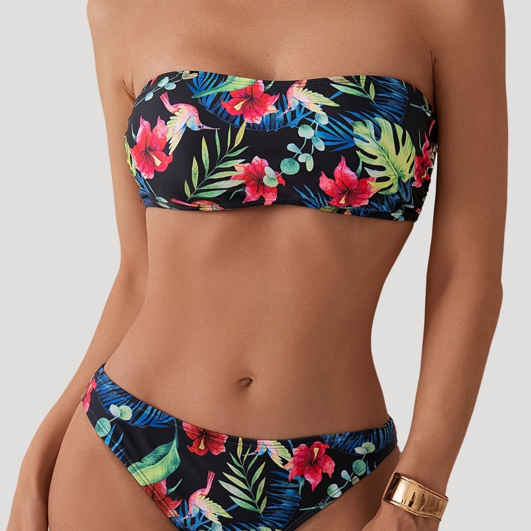 Tropical print bandeau bikini set