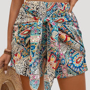 Boho printed wrap-style shorts with tie