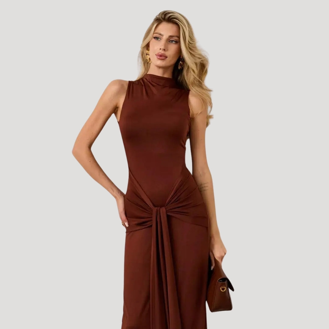 Elegant high-neck tie-front maxi dress