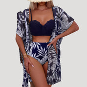 Tropical print 3-piece bikini set with cover-up