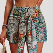 Boho printed wrap-style shorts with tie