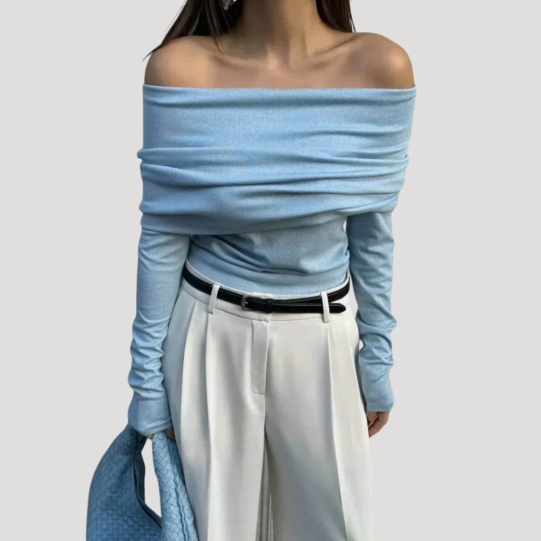 Off-shoulder drape long sleeve top