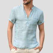 Men’s grandad collar short sleeve linen shirt