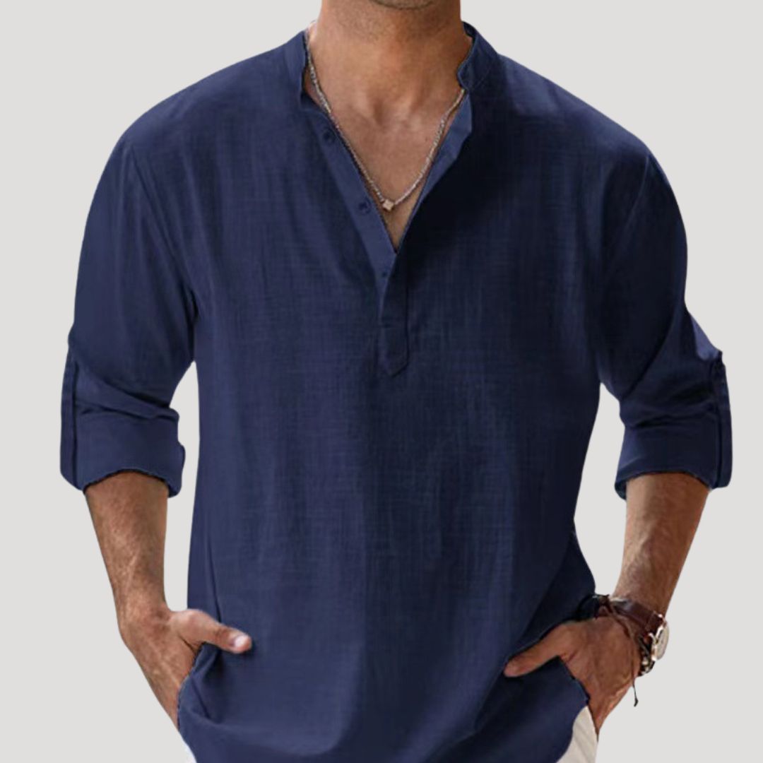 Men's spring long sleeve linen polo shirt