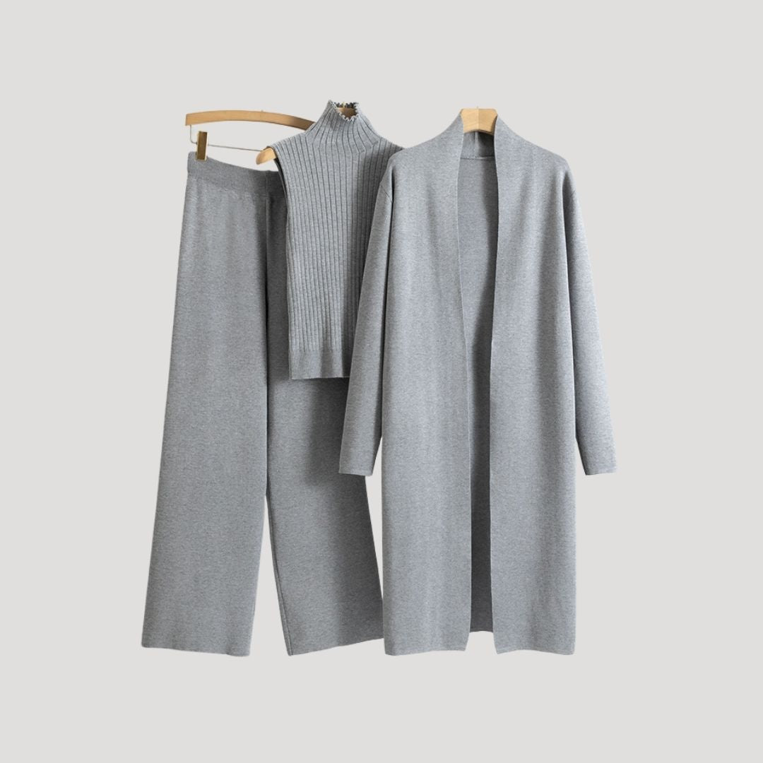 Women’s knitted co ord longline cardigan turtleneck jumper trousers