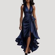 Women’s satin halter wrap midi wedding guest dress