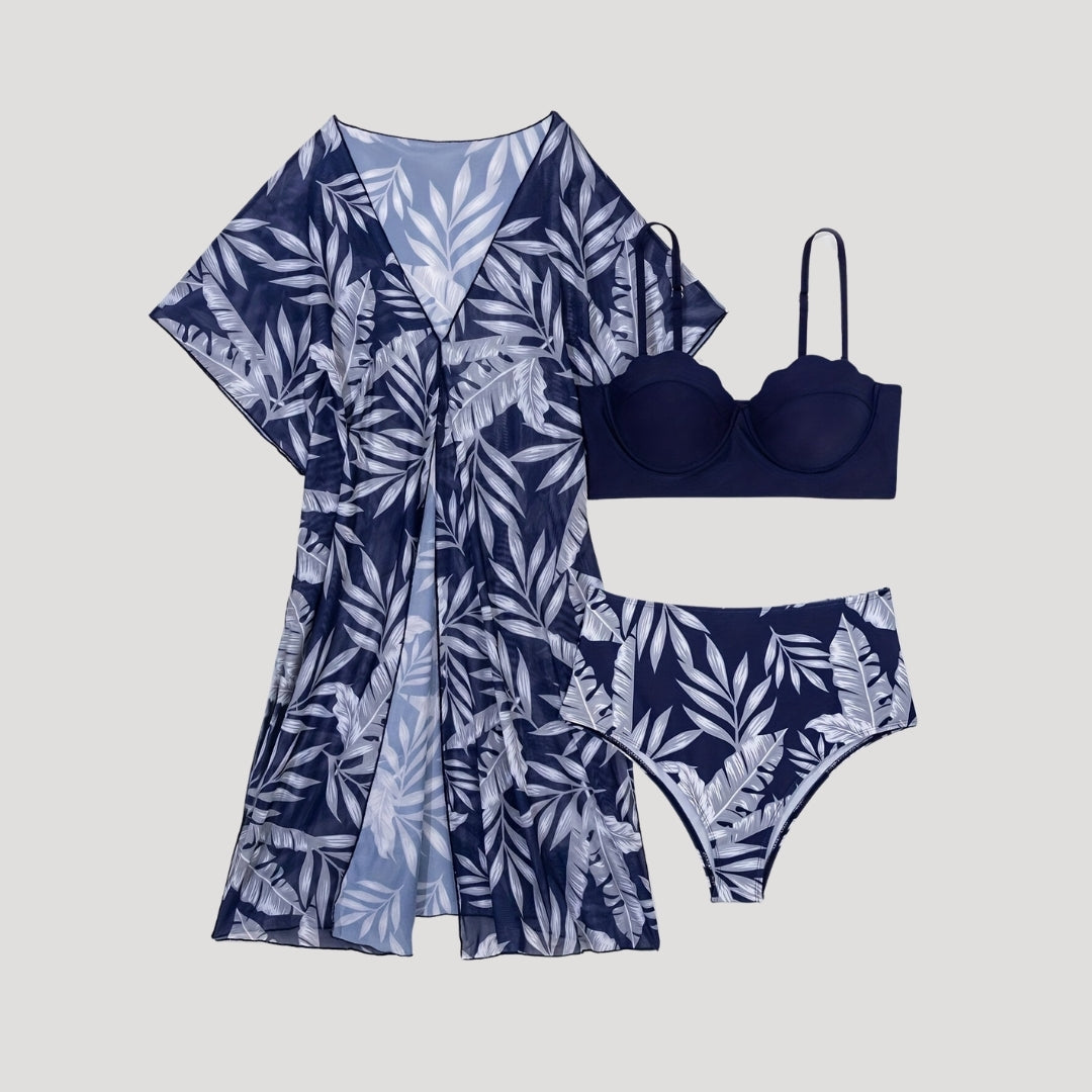 Tropical print 3-piece bikini set with cover-up