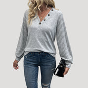 Button detail v-neck ribbed sleeve top