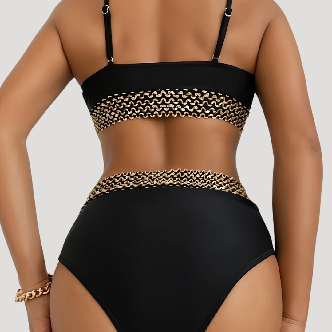 Black strappy bikini with gold chain detail