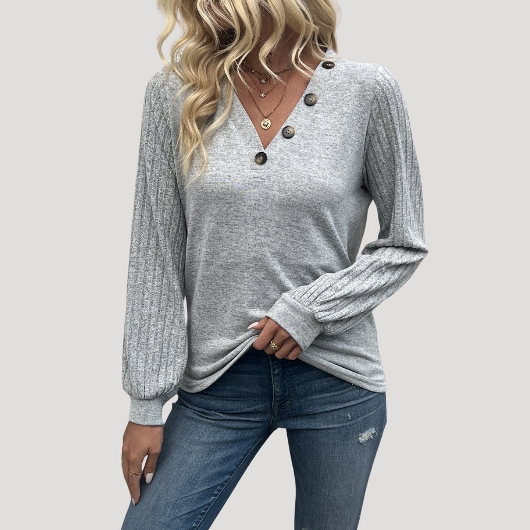 Button detail v-neck ribbed sleeve top