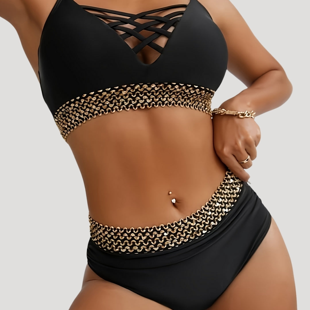 Black strappy bikini with gold chain detail