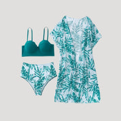 Tropical print 3-piece bikini set with cover-up