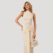 Elegant high-neck tie-front maxi dress