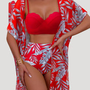 Tropical print 3-piece bikini set with cover-up