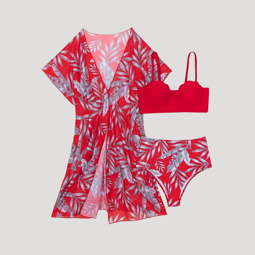 Tropical print 3-piece bikini set with cover-up