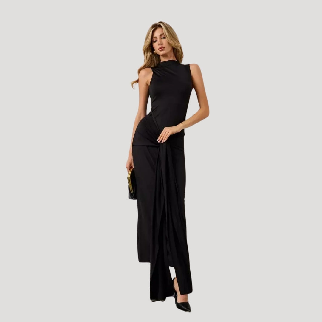 Elegant high-neck tie-front maxi dress