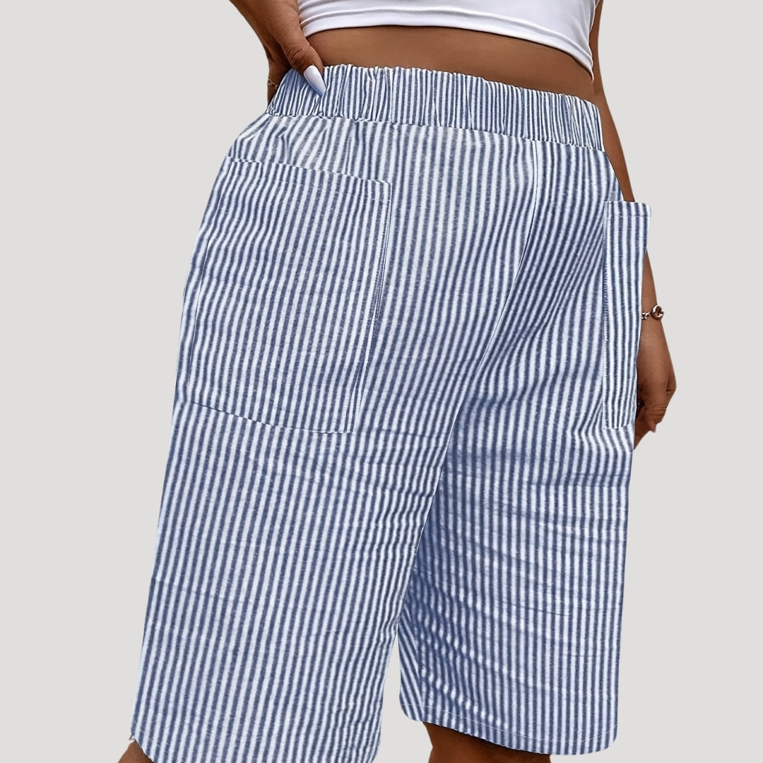 Striped linen-blend elastic waist shorts