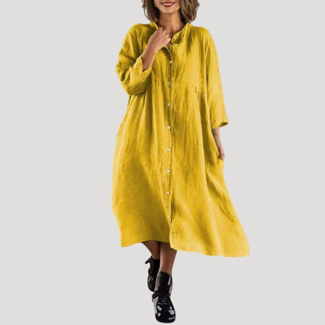 Women’s linen long sleeve button midi shirt dress