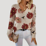 Women v neck floral knit spring jumper