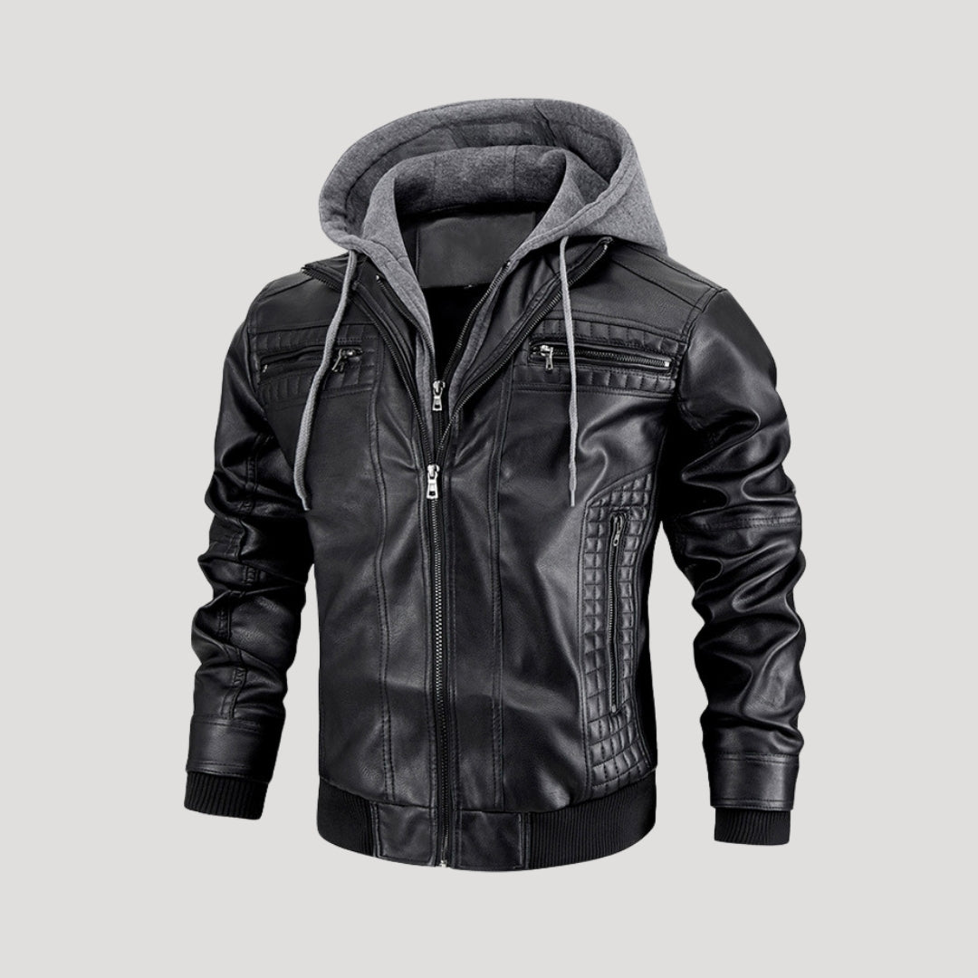 Men’s leather bomber jacket with hood