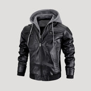 Men’s leather bomber jacket with hood
