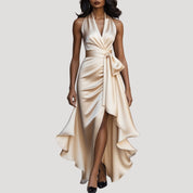 Women’s satin halter wrap midi wedding guest dress