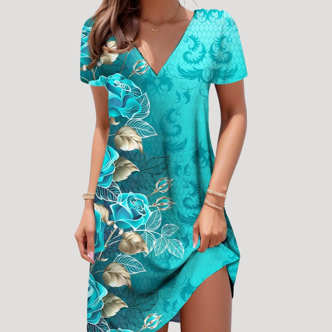 Women’s v neck short sleeve printed midi dress