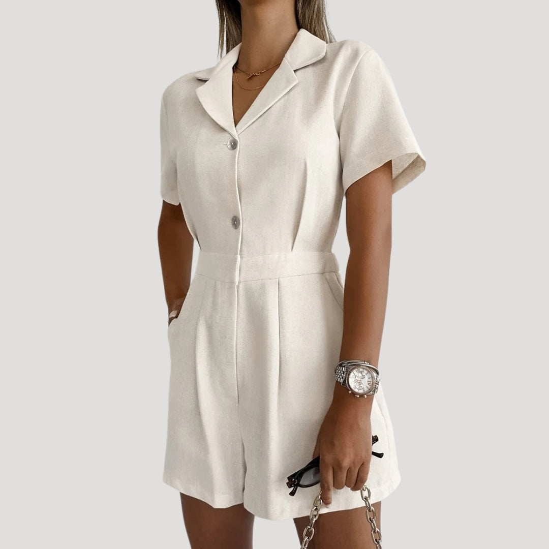 Tailored short-sleeve belted romper